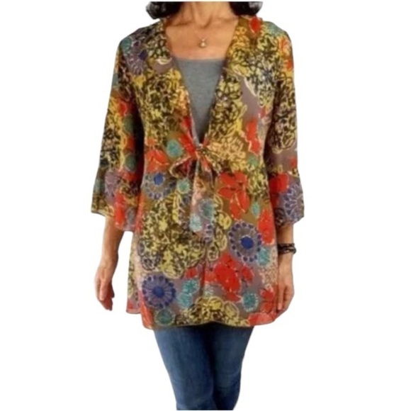 Cabi Shakespeare Floral Kimono Women's S Gray Multi Floral Chiffon Tie Front 360 - Picture 1 of 11